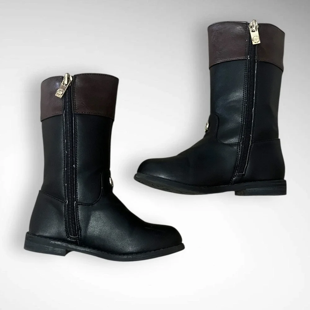 MICHAEL KORS Girl's Black and Brown‎ Flat Riding Boots Gold-Tone Hardware | EUC